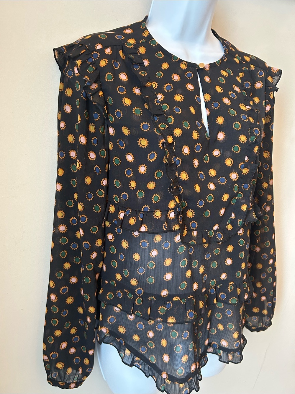 🟢 5 for $25 🟢 Scotch & Soda Sun Print Ruffle Blouse XS | Boho Chic Celestial Cot